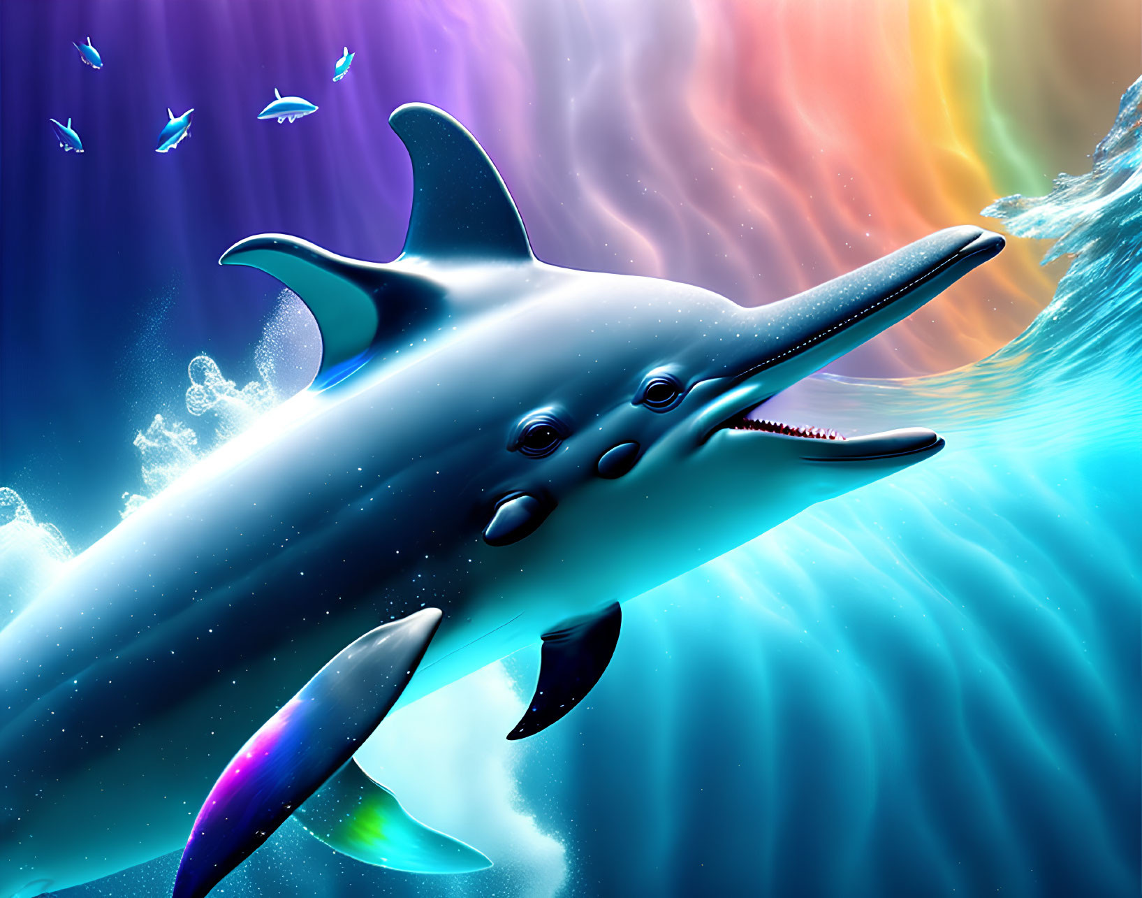 Colorful Digital Art: Smiling Dolphin Leaping from Ocean