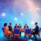 Animated businesspeople in cosmic-themed meeting setting