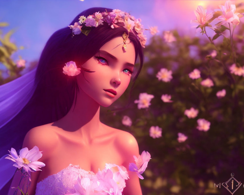 Whimsical Female Character with Floral Headdress in Pink Hues