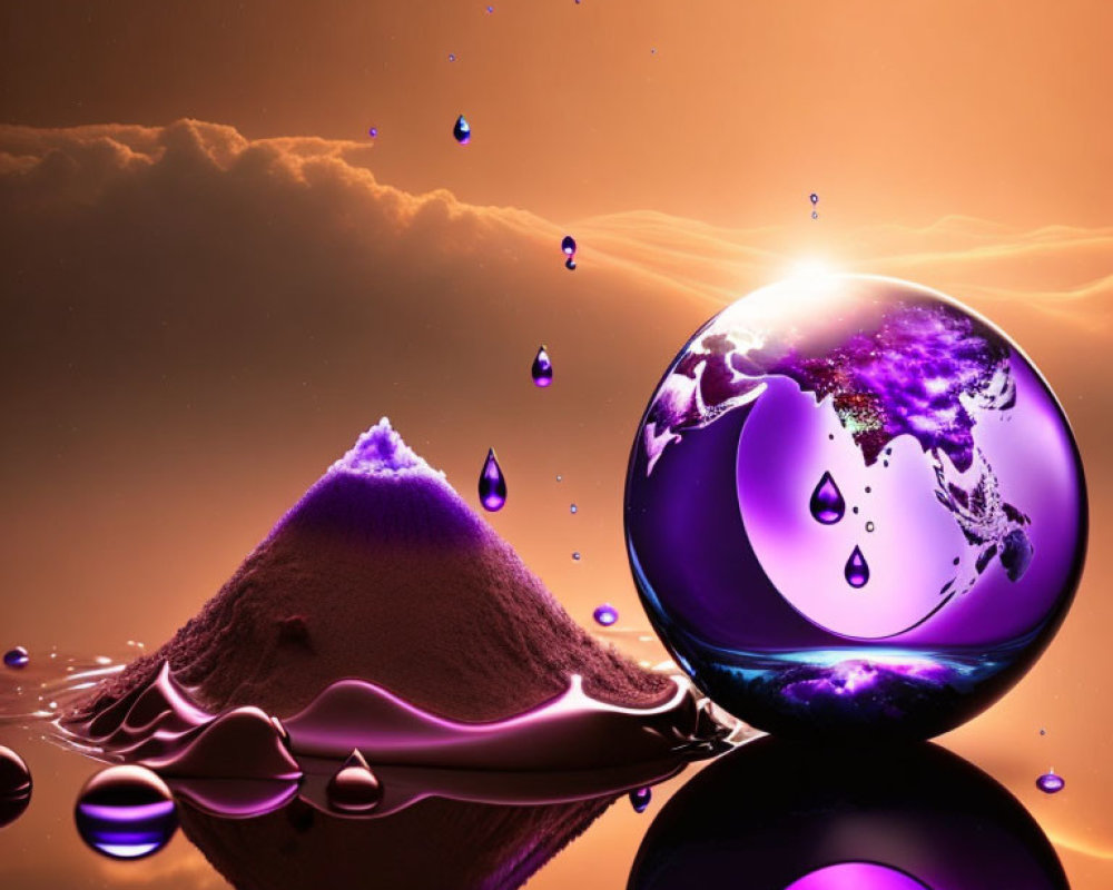 Surreal landscape with purple-tinted globe, levitating water droplets, sand dune