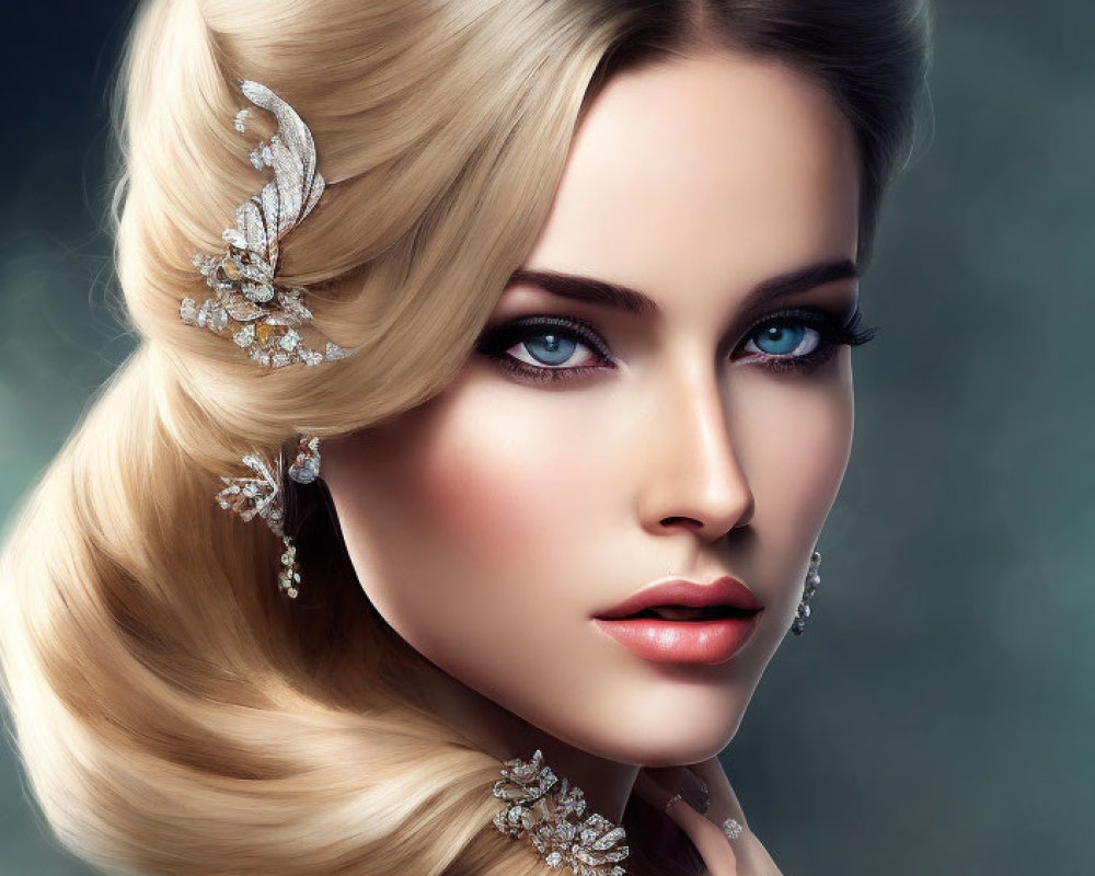 Blonde woman with blue eyes and ornate accessories
