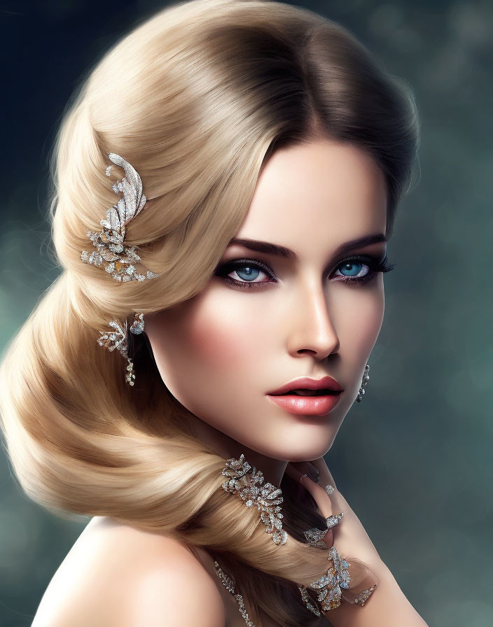 Blonde woman with blue eyes and ornate accessories