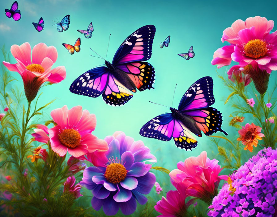 Vibrant butterflies and flowers in serene sky