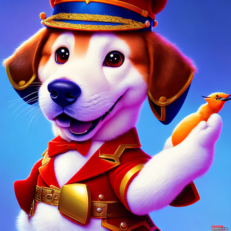 Smiling animated dog in red uniform with bird on paw against blue background