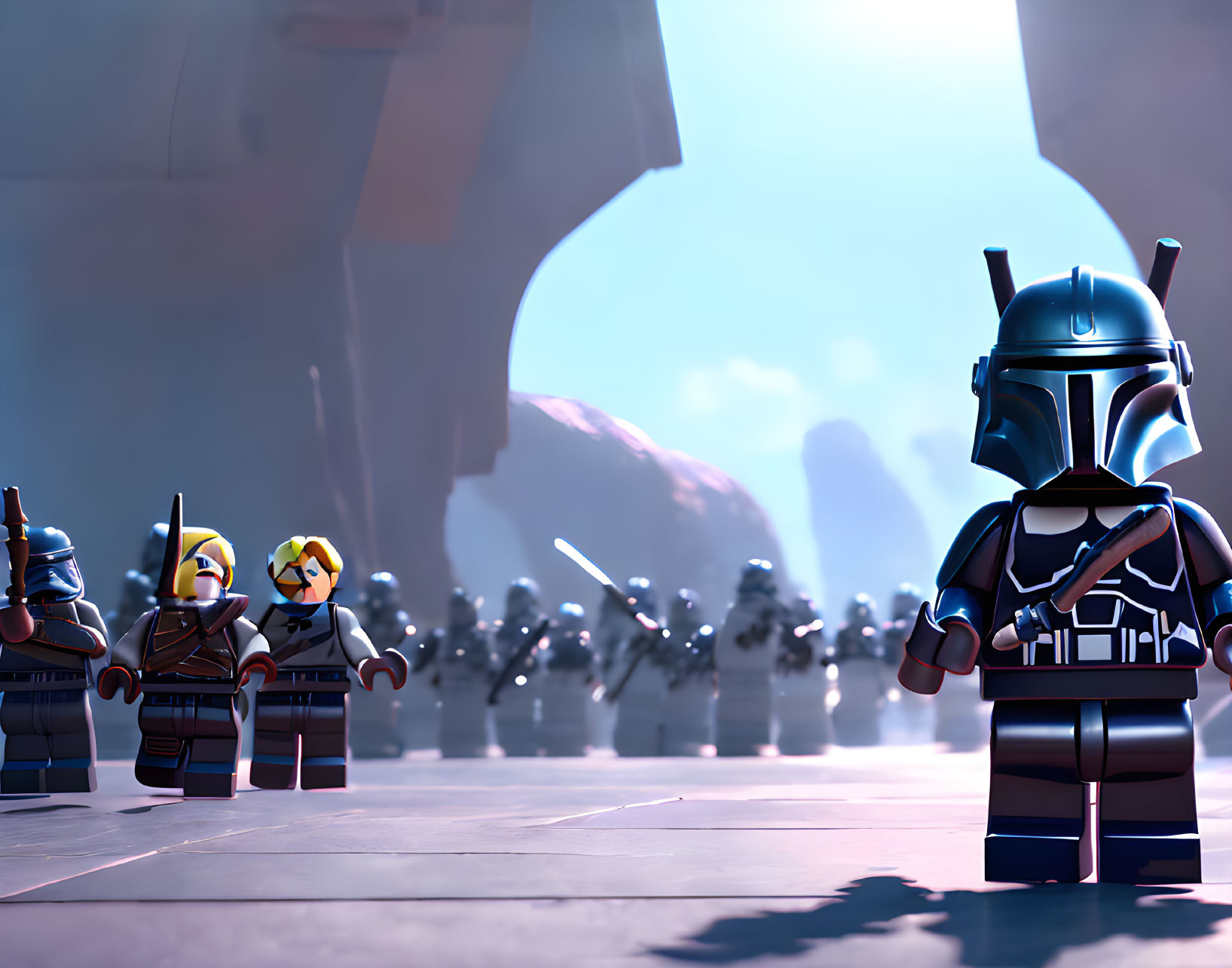 Star Wars-themed LEGO figures against army backdrop.