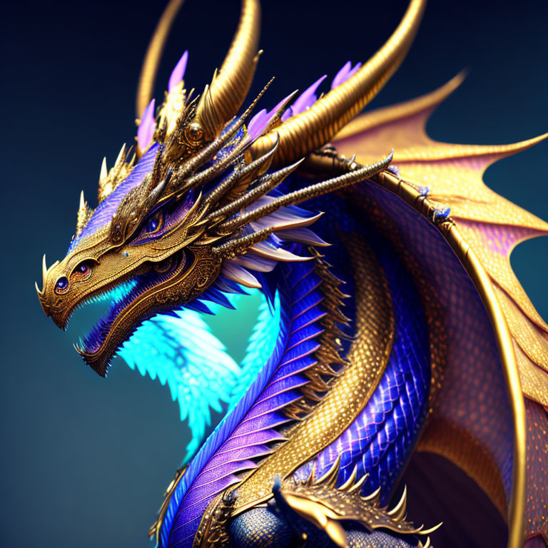Detailed Digital Illustration of Majestic Golden and Blue Dragon