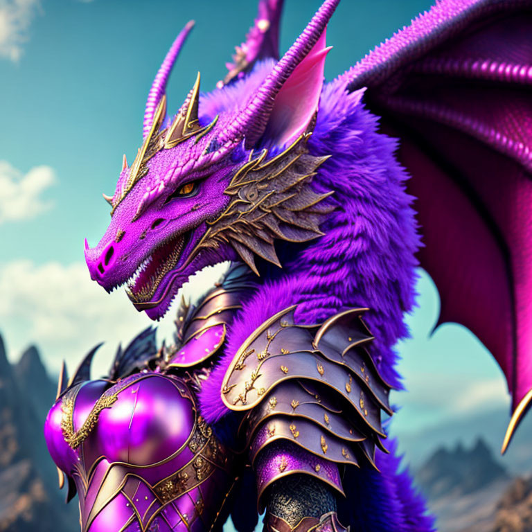Detailed 3D Purple Dragon in Golden Armor on Blue Sky
