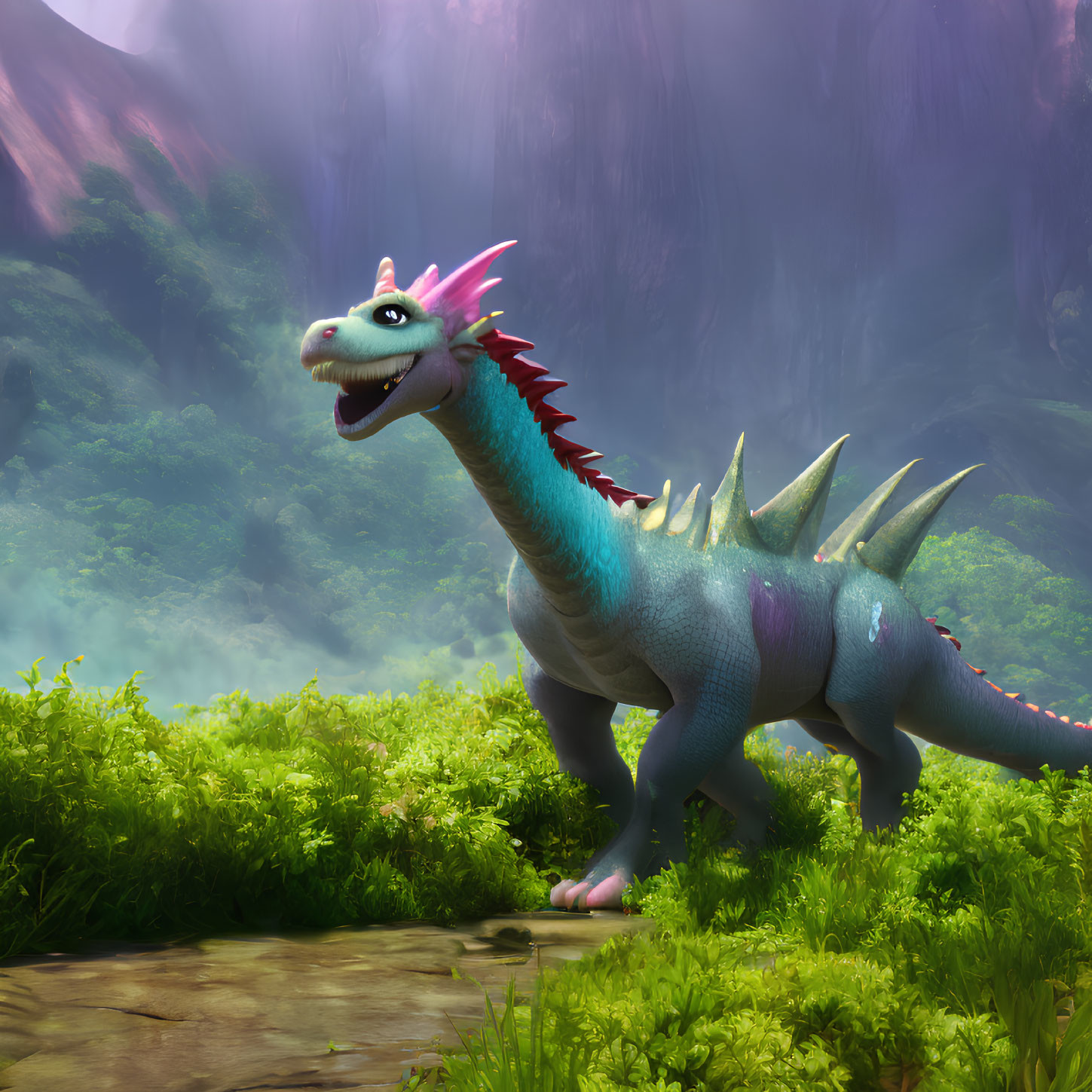 Colorful cartoon dinosaur in lush forest clearing surrounded by cliffs