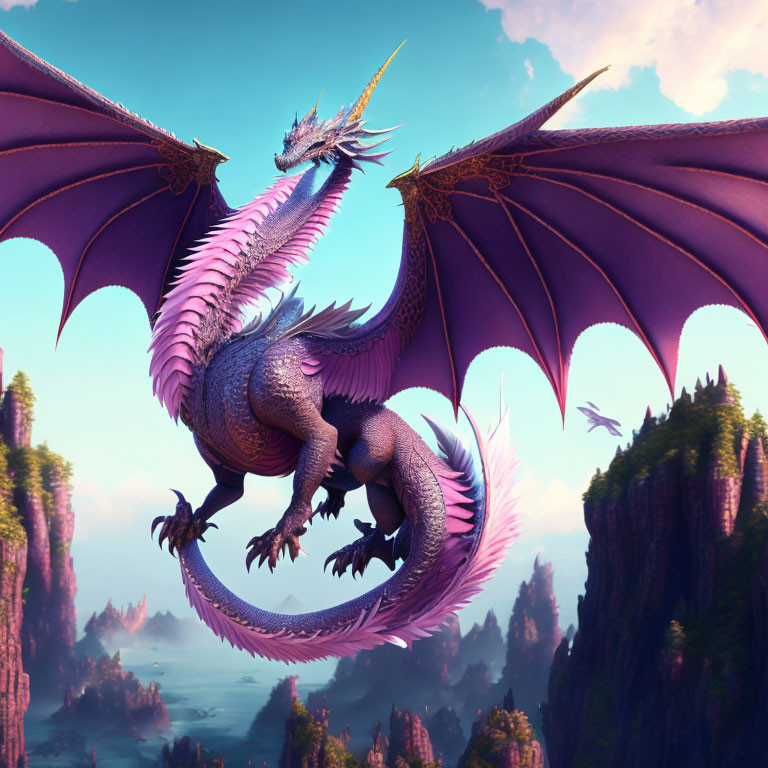 Purple dragon flying over rocky landscape with lush greenery
