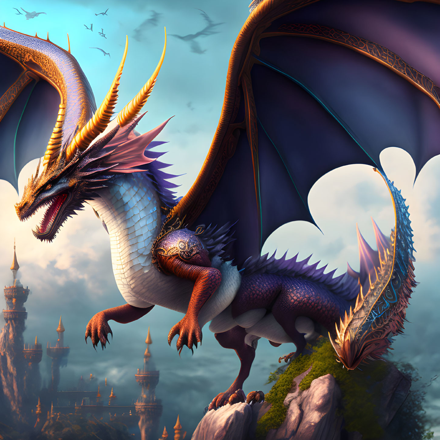 Orange and purple-scaled dragon on cliff with fantasy castle and twilight sky