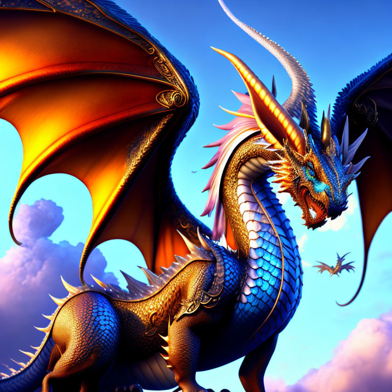 3D-rendered dragon with golden accents and blue scales against vibrant sunset sky
