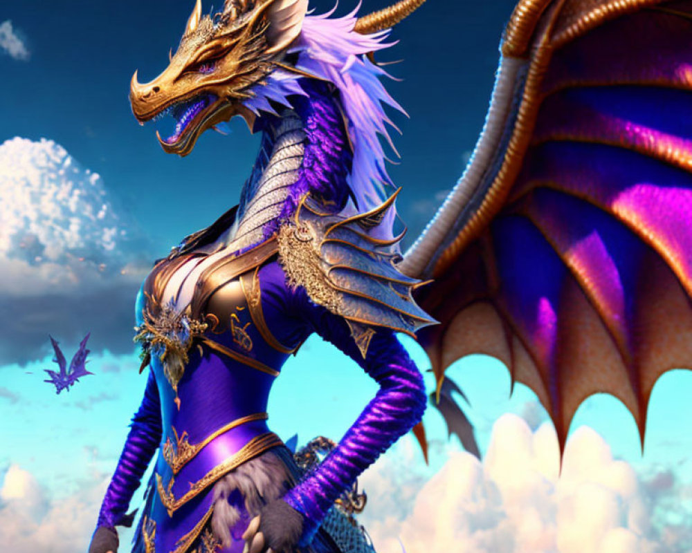 Purple-Scaled Dragon in Golden-Trimmed Blue Armor against Cloudy Sky