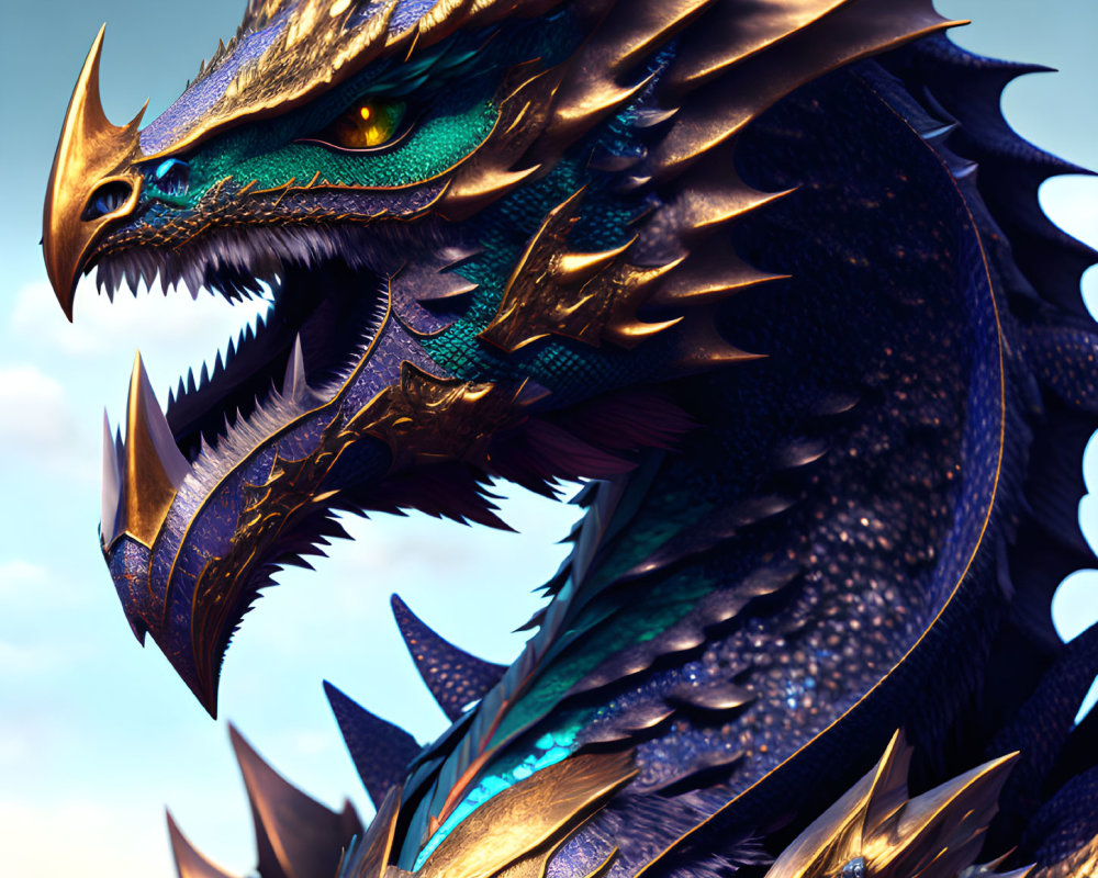 Detailed Close-Up of Fierce Blue Dragon with Golden Horns and Green Eyes