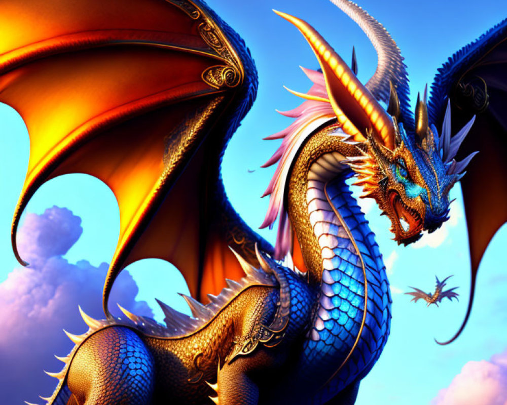 3D-rendered dragon with golden accents and blue scales against vibrant sunset sky