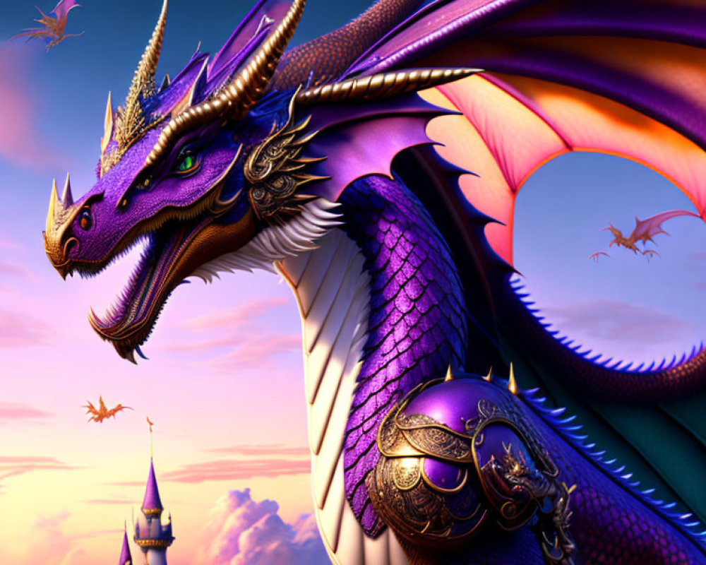 Detailed Purple Dragon Over Fantasy Landscape with Dragons and Castles at Sunset