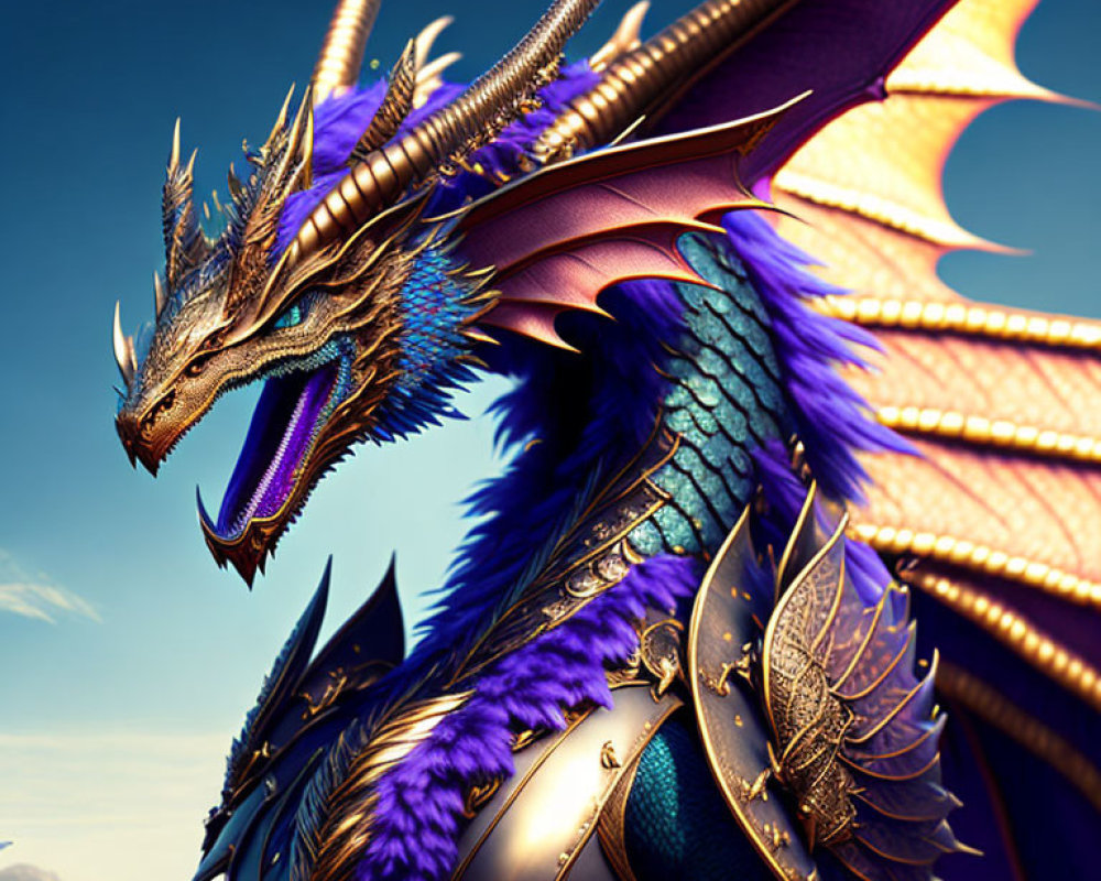 Colorful dragon with iridescent scales and golden-orange wings against clear blue sky