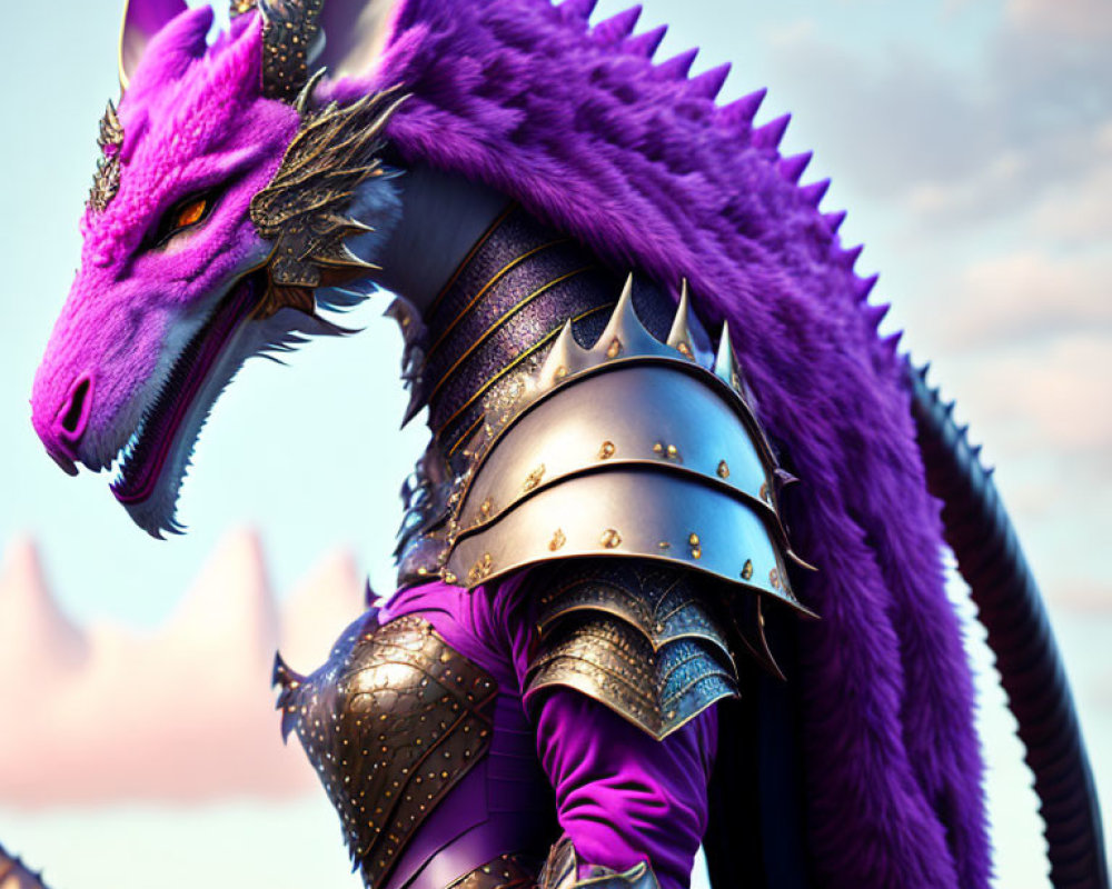 Purple dragon with golden armor and spiked spine against sky backdrop