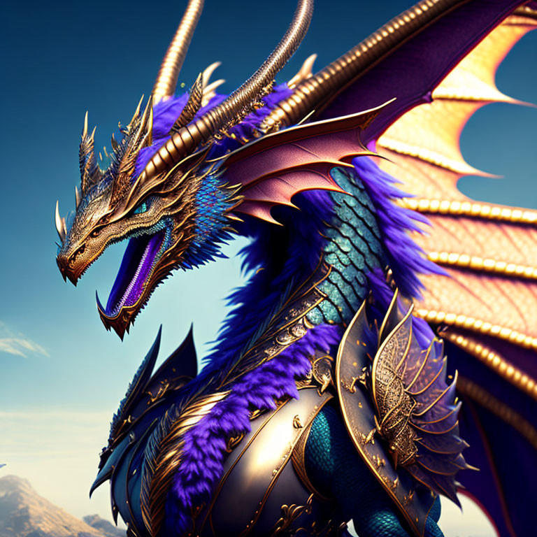 Colorful dragon with iridescent scales and golden-orange wings against clear blue sky