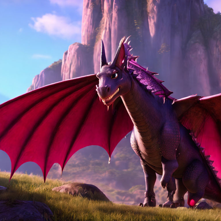 Purple-scaled animated dragon in sunny rocky landscape