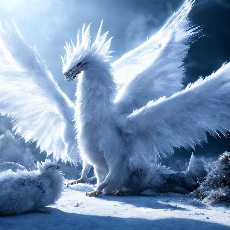 White feathered creature with wings in snowy landscape under moody sky