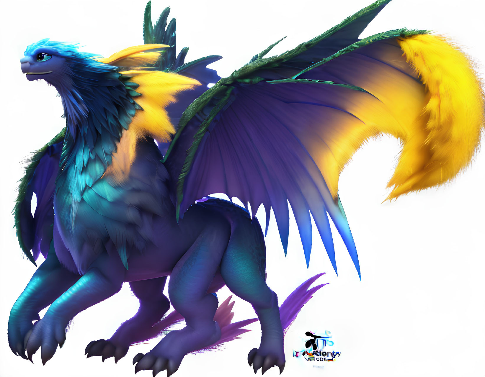 Mythical creature digital artwork: dragon with blue and yellow plumage