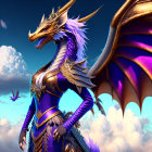Purple-Scaled Dragon in Golden-Trimmed Blue Armor against Cloudy Sky