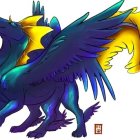 Mythical creature digital artwork: dragon with blue and yellow plumage