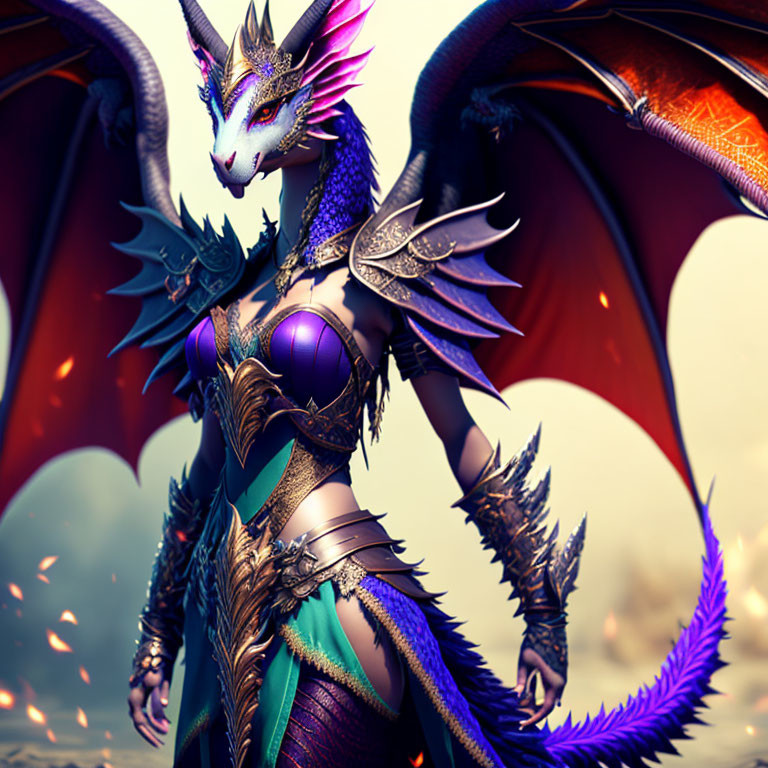 Regal dragon-humanoid creature with vibrant wings and ornate armor