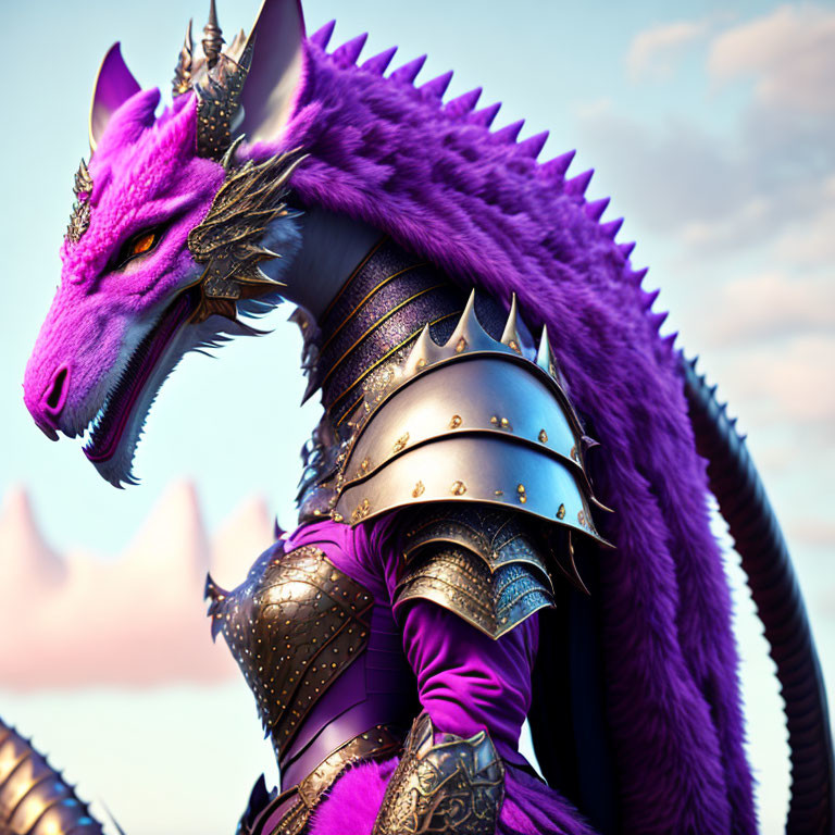 Purple dragon with golden armor and spiked spine against sky backdrop