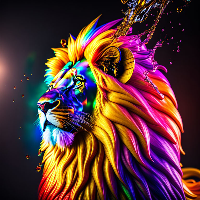 Colorful Lion with Vibrant Mane on Dark Background with Liquid Gold Splashes