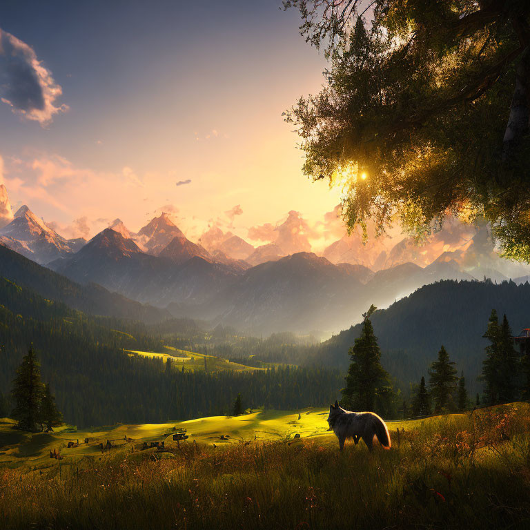 Mountain landscape at sunset with lone wolf in meadow.