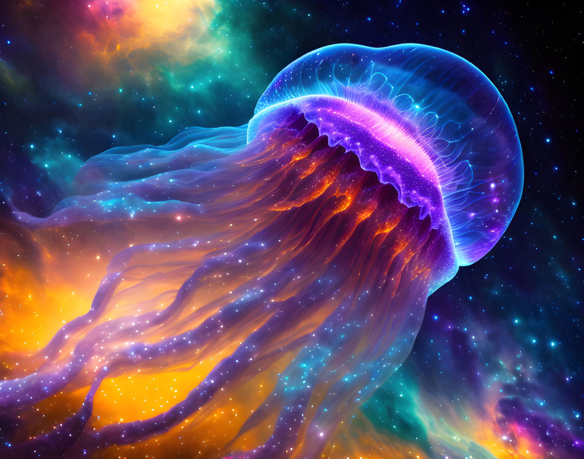 Colorful Jellyfish in Neon Galaxy Setting