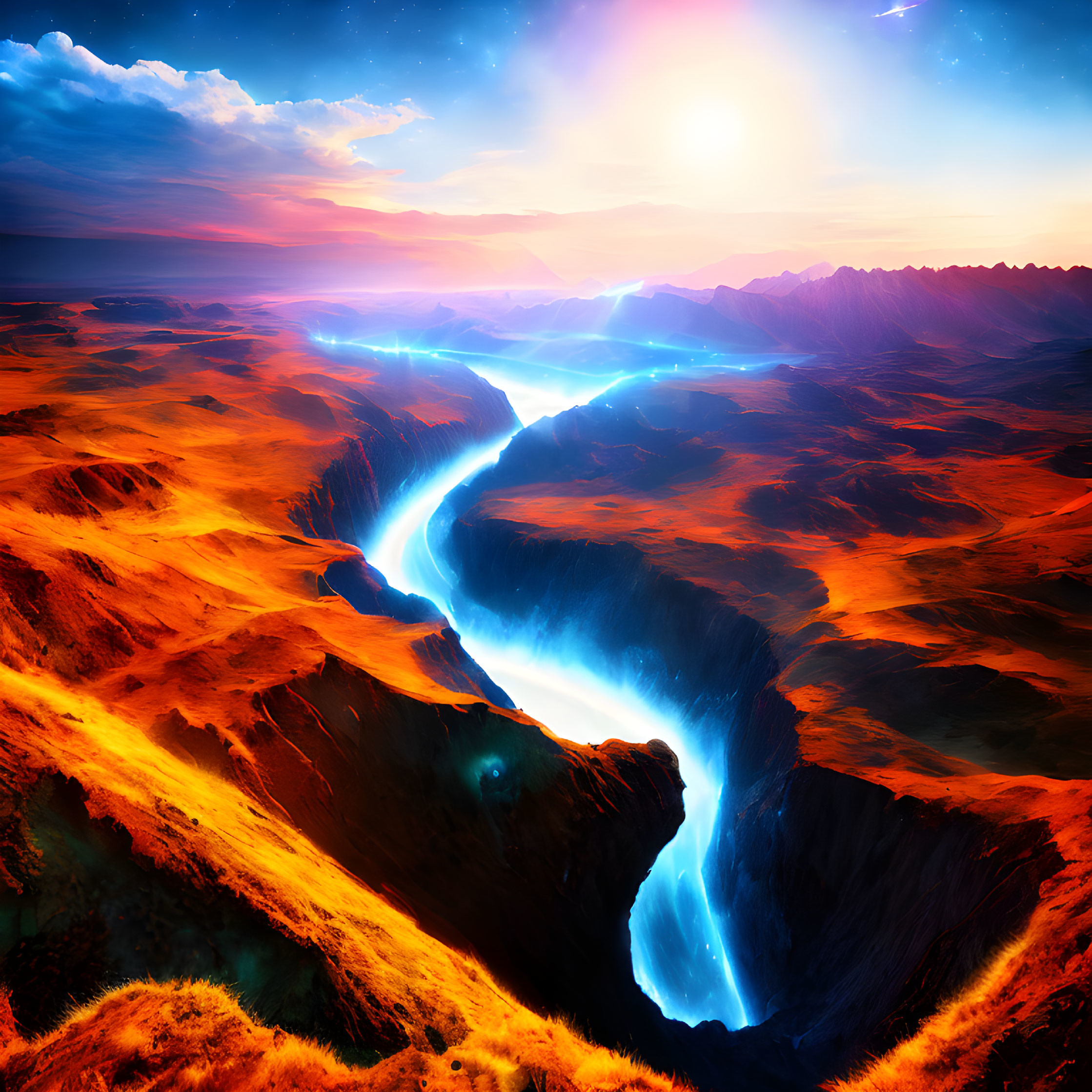Surreal fiery landscape with glowing blue river under twilight sky