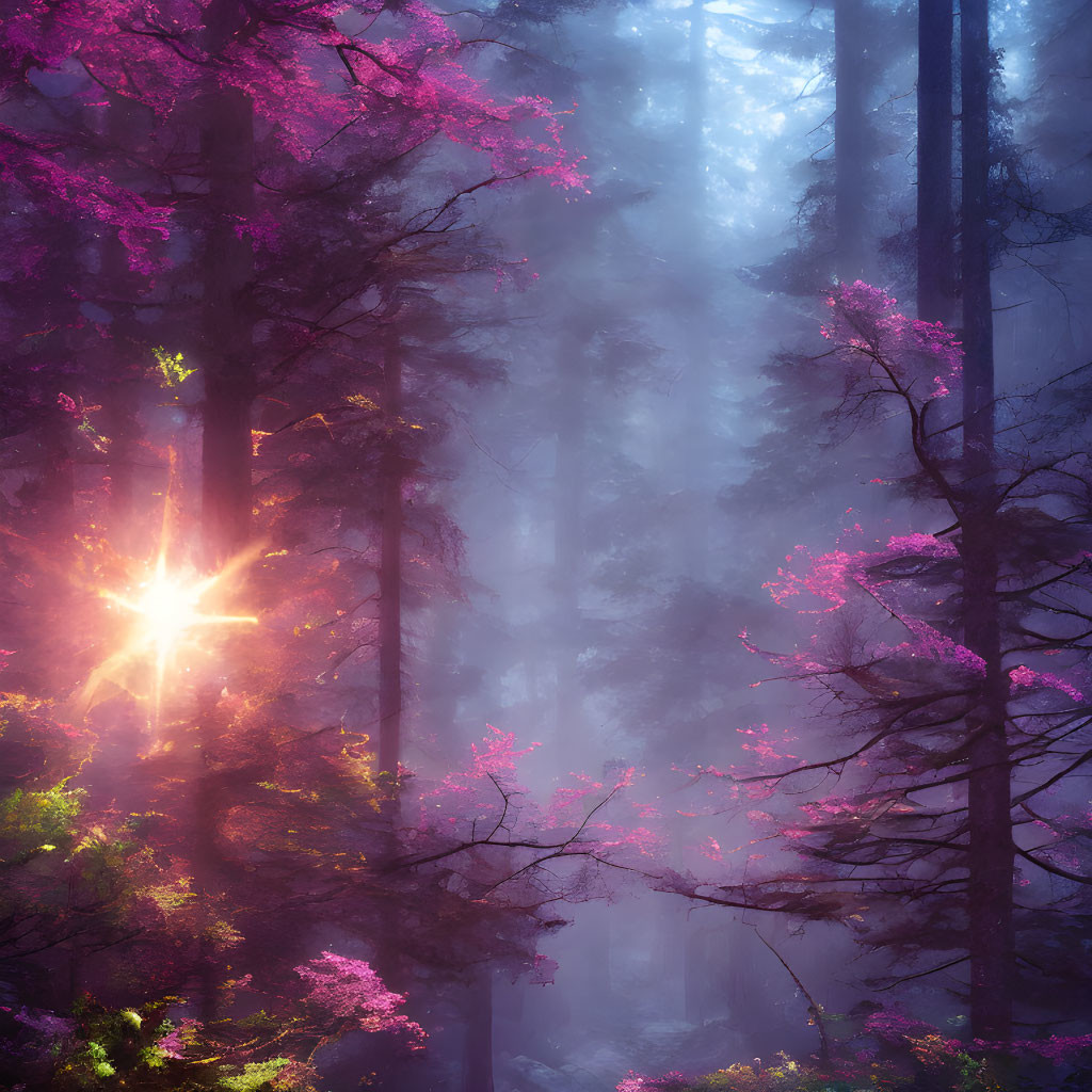 Enchanting forest scene with pink leaves and misty light