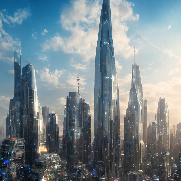 Futuristic cityscape with towering skyscrapers under glowing sky