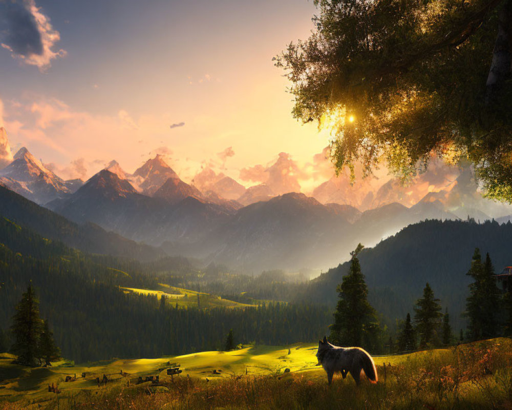 Mountain landscape at sunset with lone wolf in meadow.
