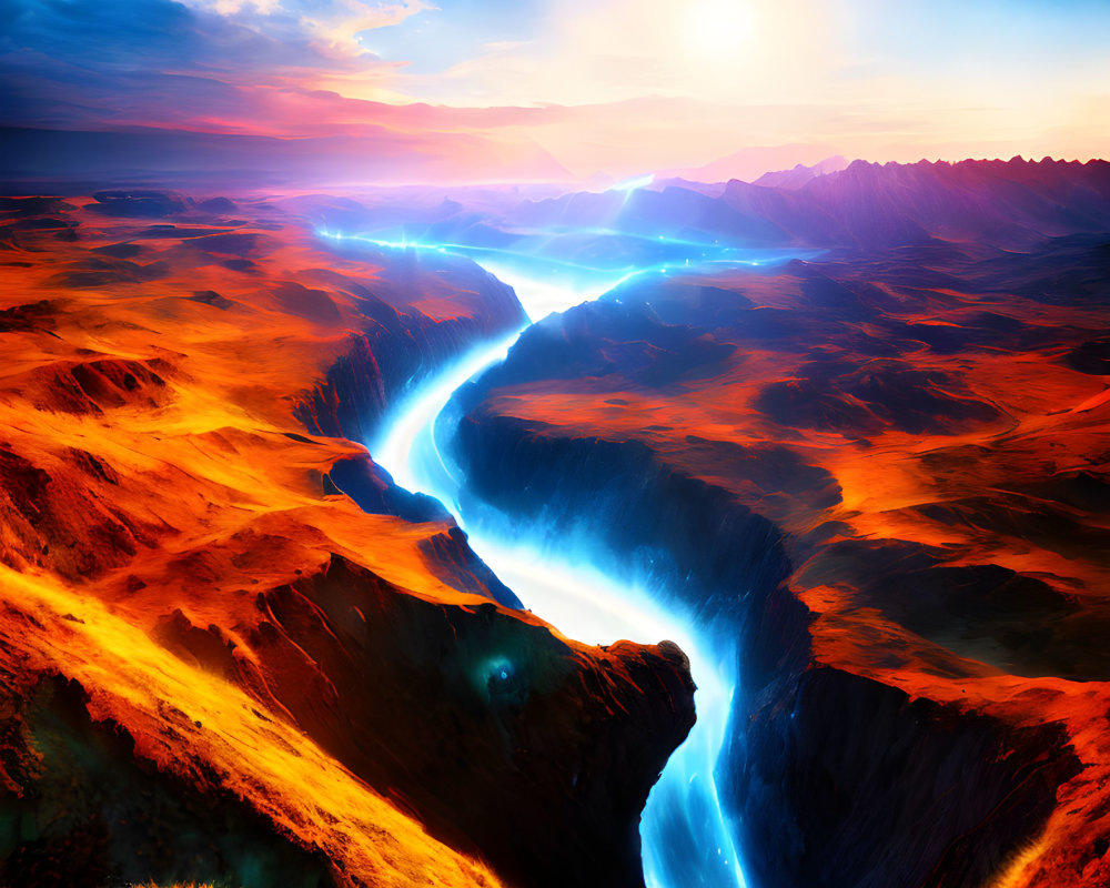 Surreal fiery landscape with glowing blue river under twilight sky