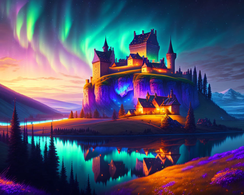 Castle on Hill with Aurora Borealis, Lake, Meadow