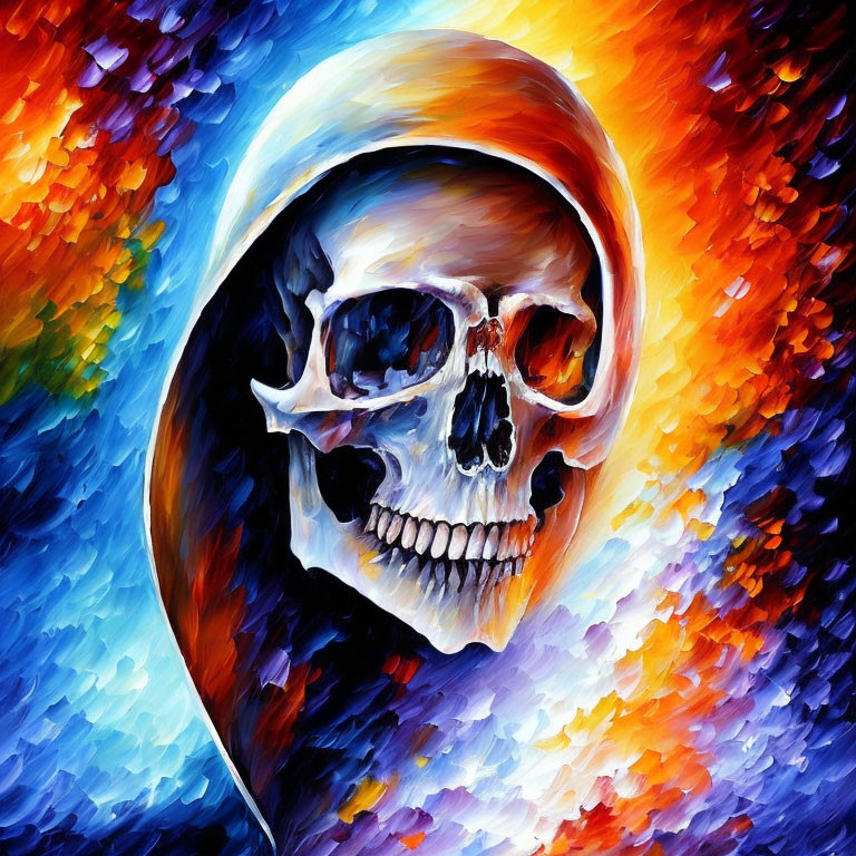 Colorful Realistic Human Skull Painting with Blue and Orange Abstract Pattern