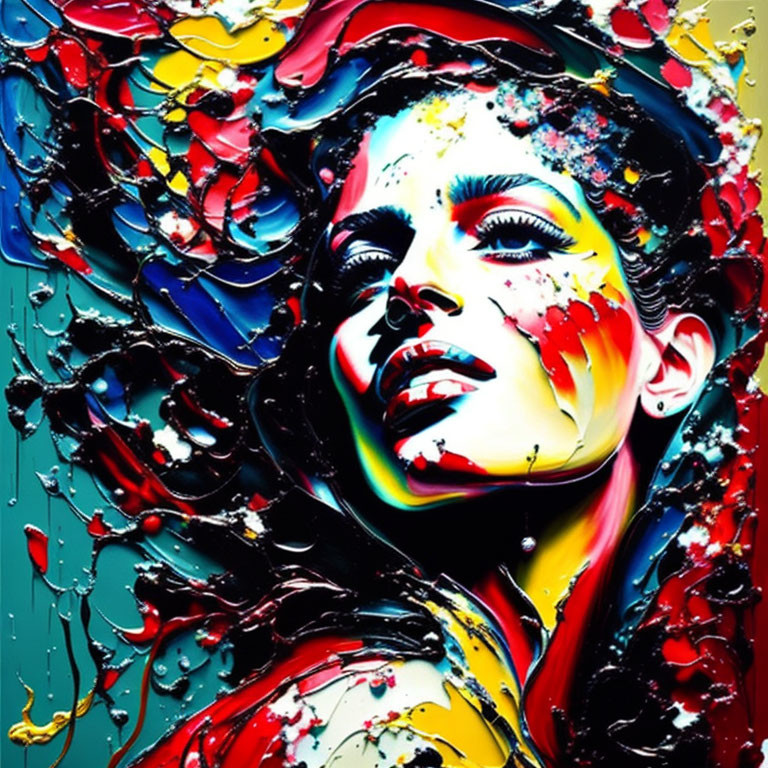 Colorful portrait of woman with expressive makeup in front of multicolored paint splash