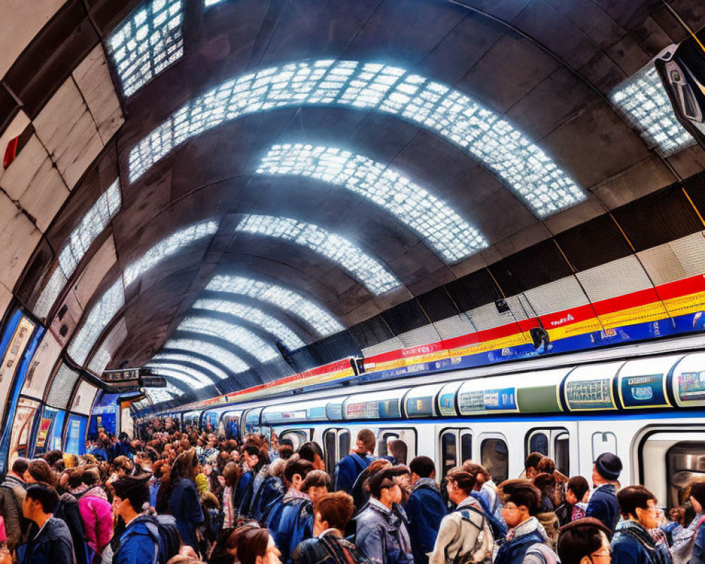 Busy subway station with curved ceiling and illuminated panels, people boarding train with blue and red stripes