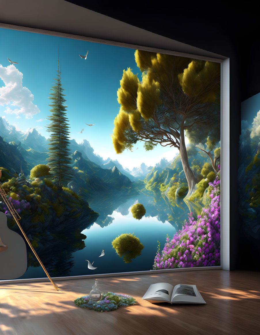 Surreal landscape with floating tree, mountains, lake, birds, and vibrant flowers