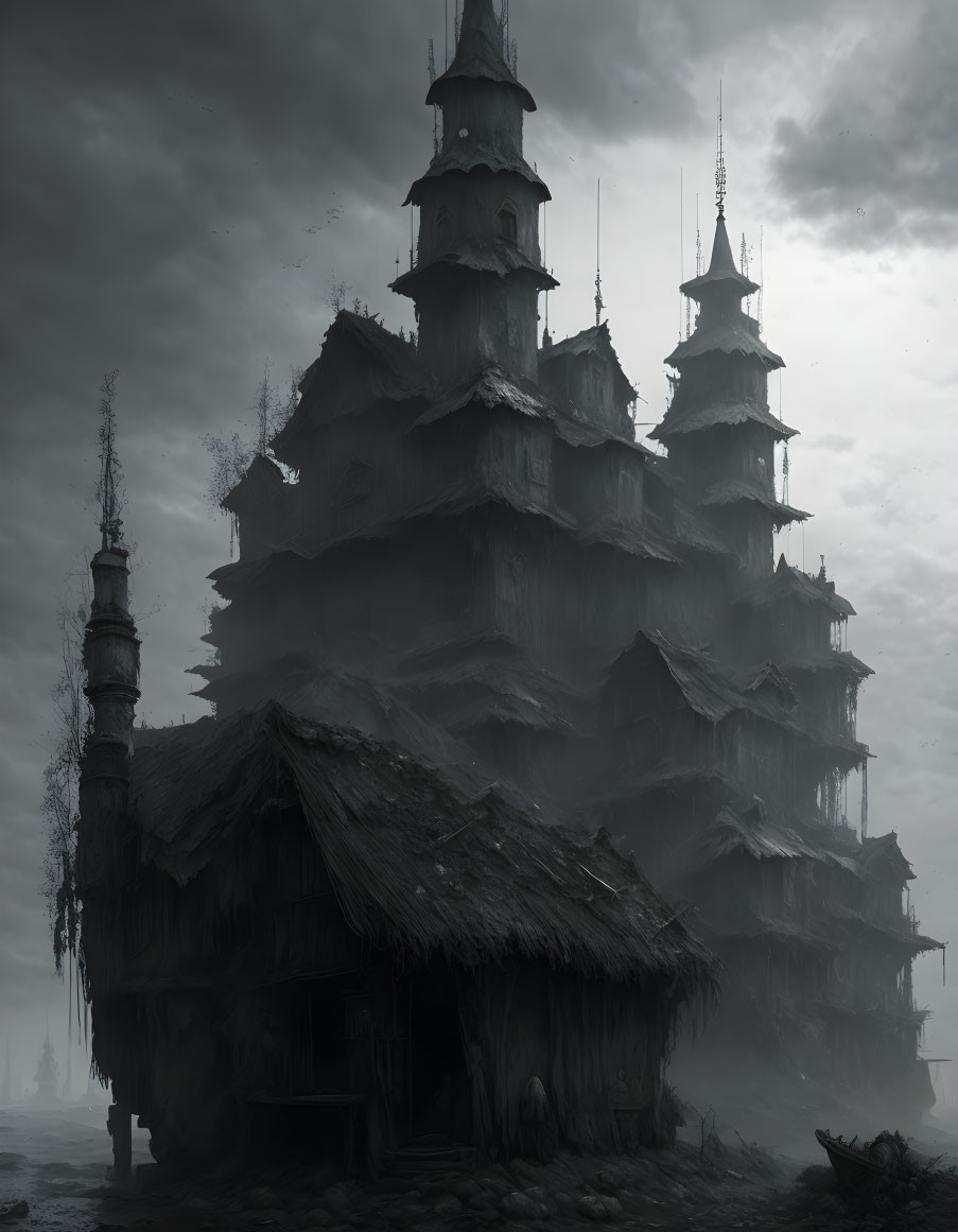 Misty landscape with towering pagoda and dilapidated hut