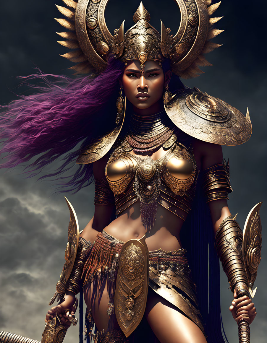 Warrior woman in golden armor with spear against dark sky