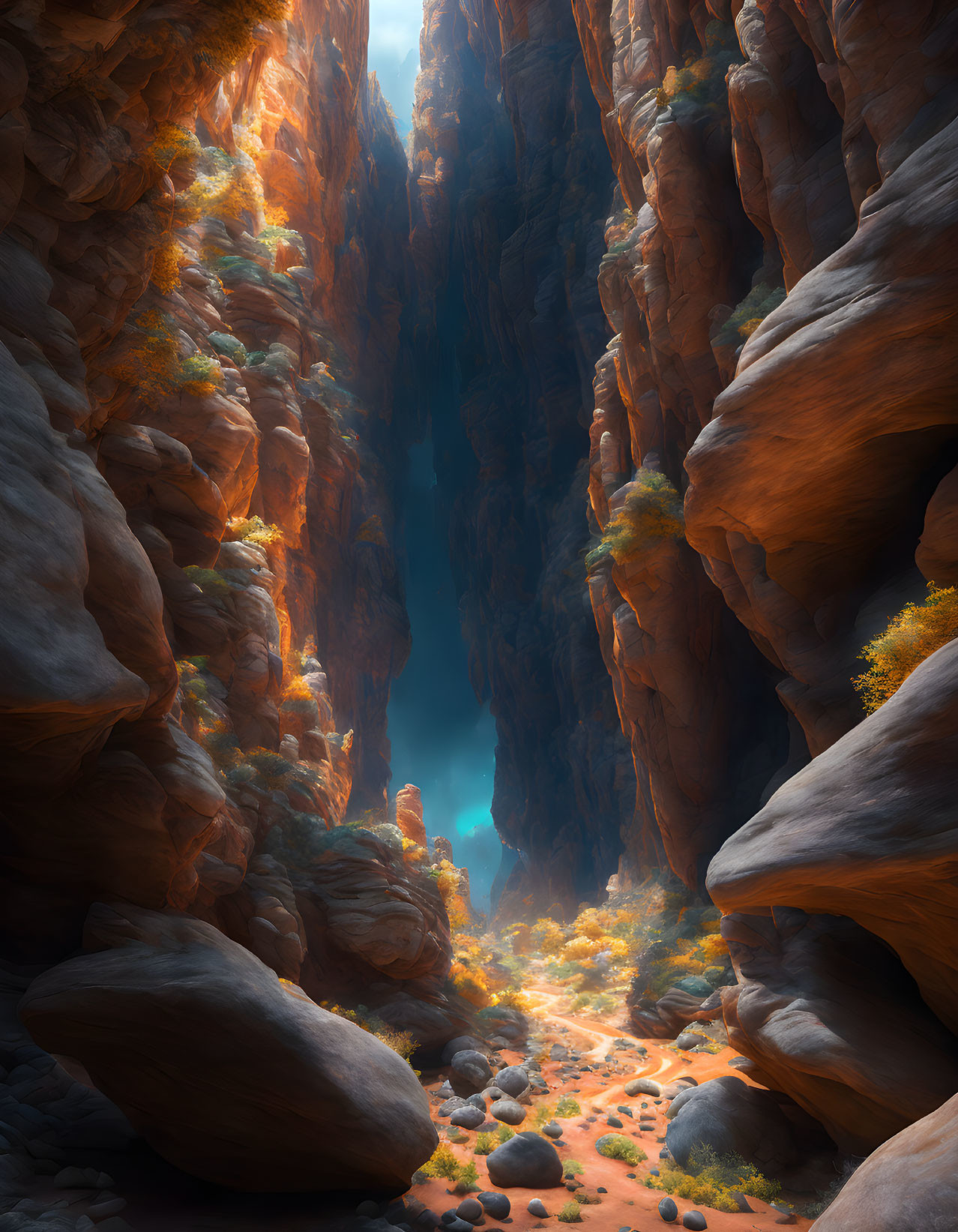 Majestic orange cliffs in narrow canyon with blue glow