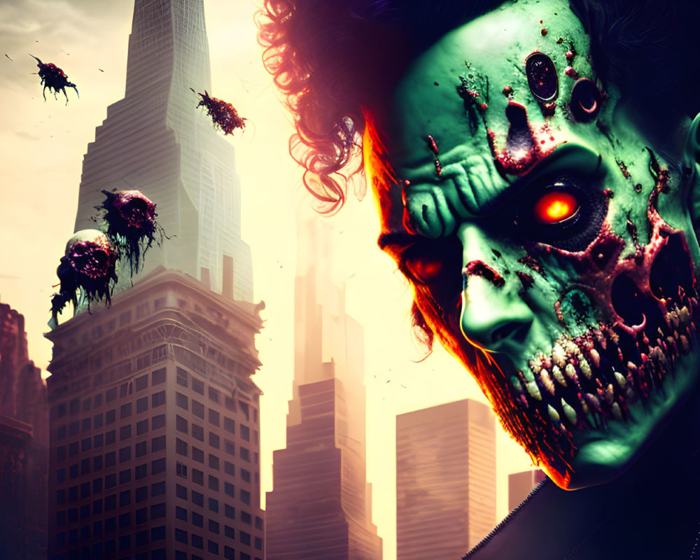 Menacing zombie-like figure over dystopian cityscape with dark clouds