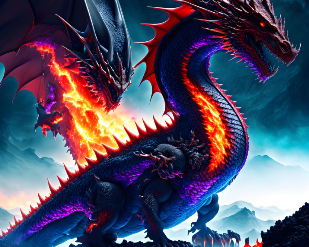 Fiery red and blue dragon against night sky with mountains and distant planet.