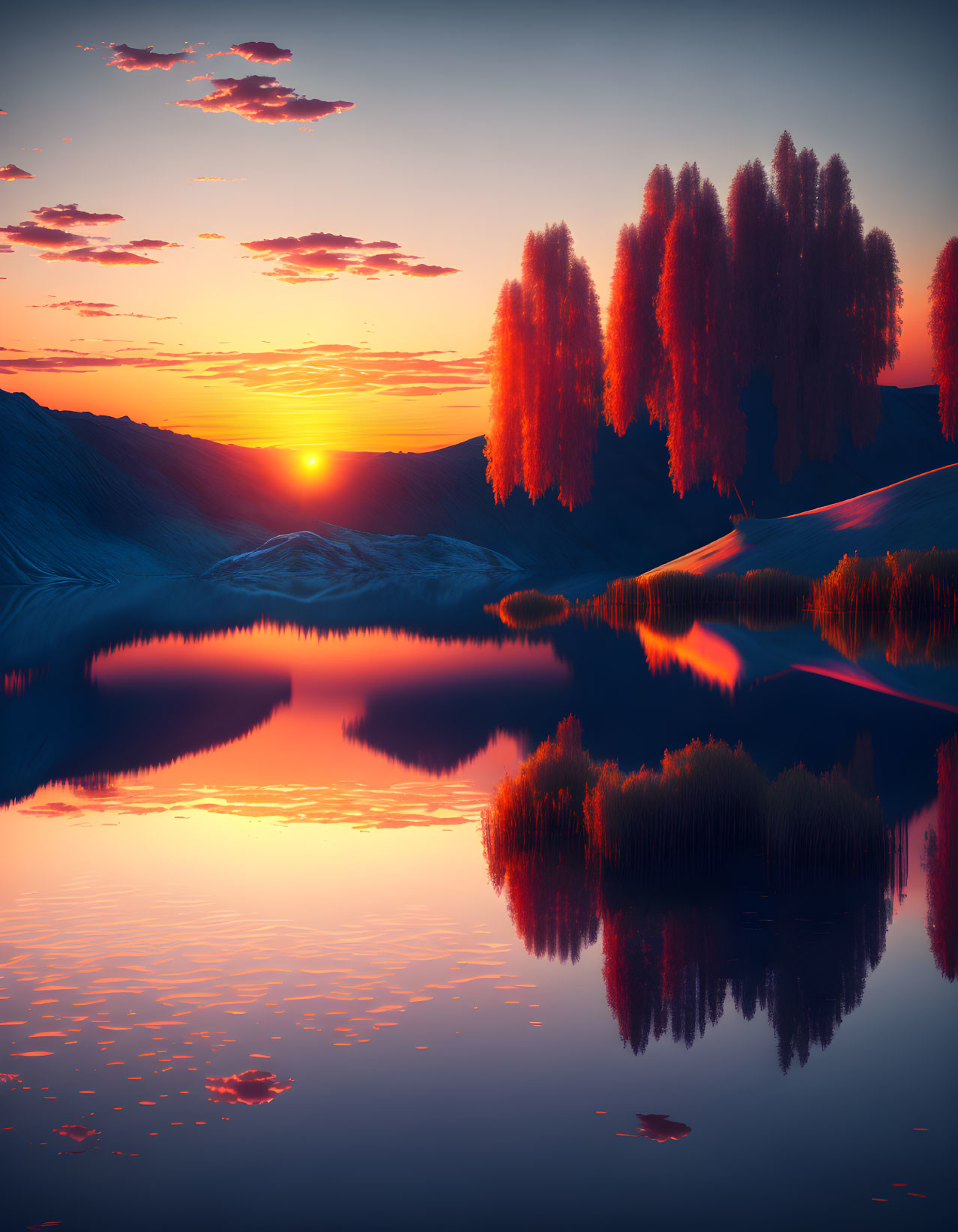 Tranquil sunset scene with orange hues reflecting in calm lake