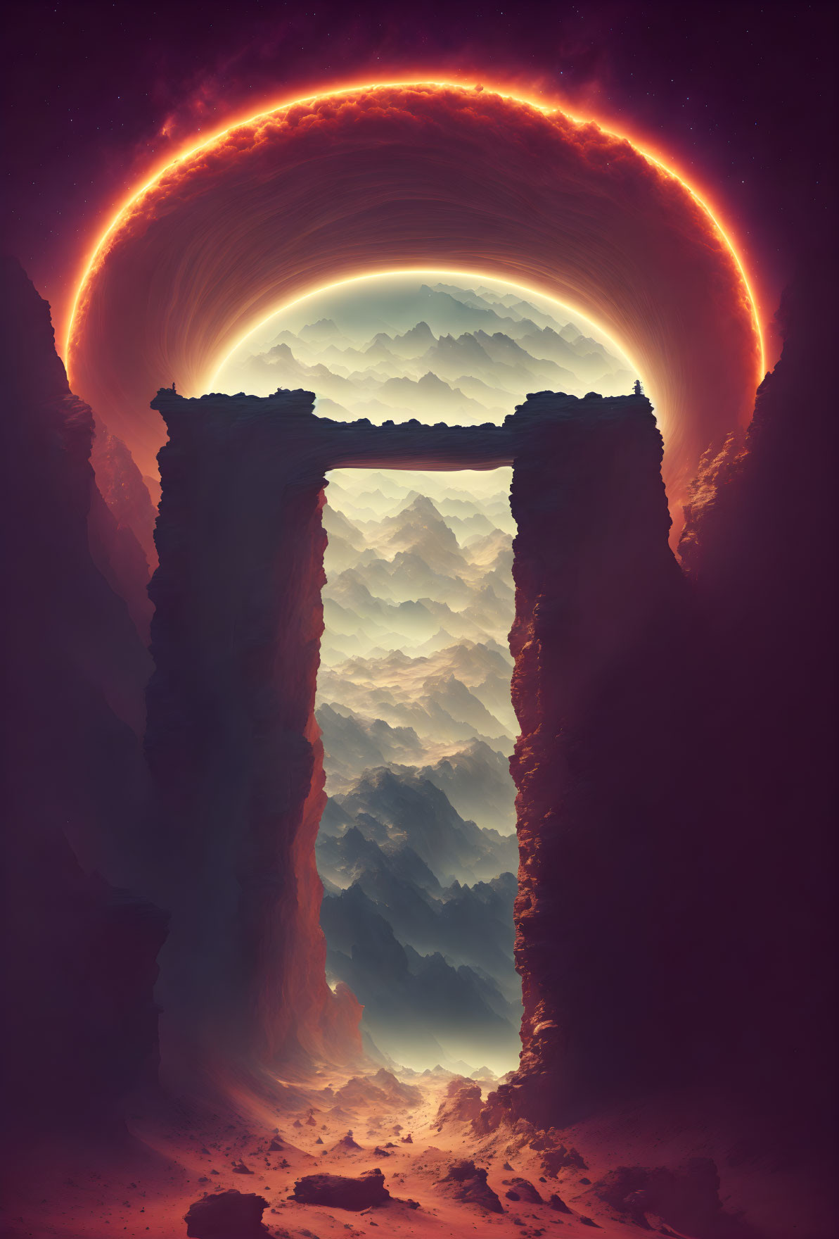 Surreal landscape with rugged archway, cascading mountains, and glowing eclipse