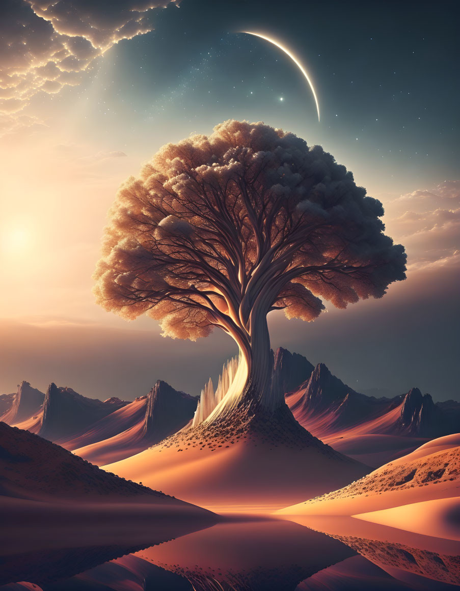 Surreal landscape with oversized tree, mountains, and crescent moon